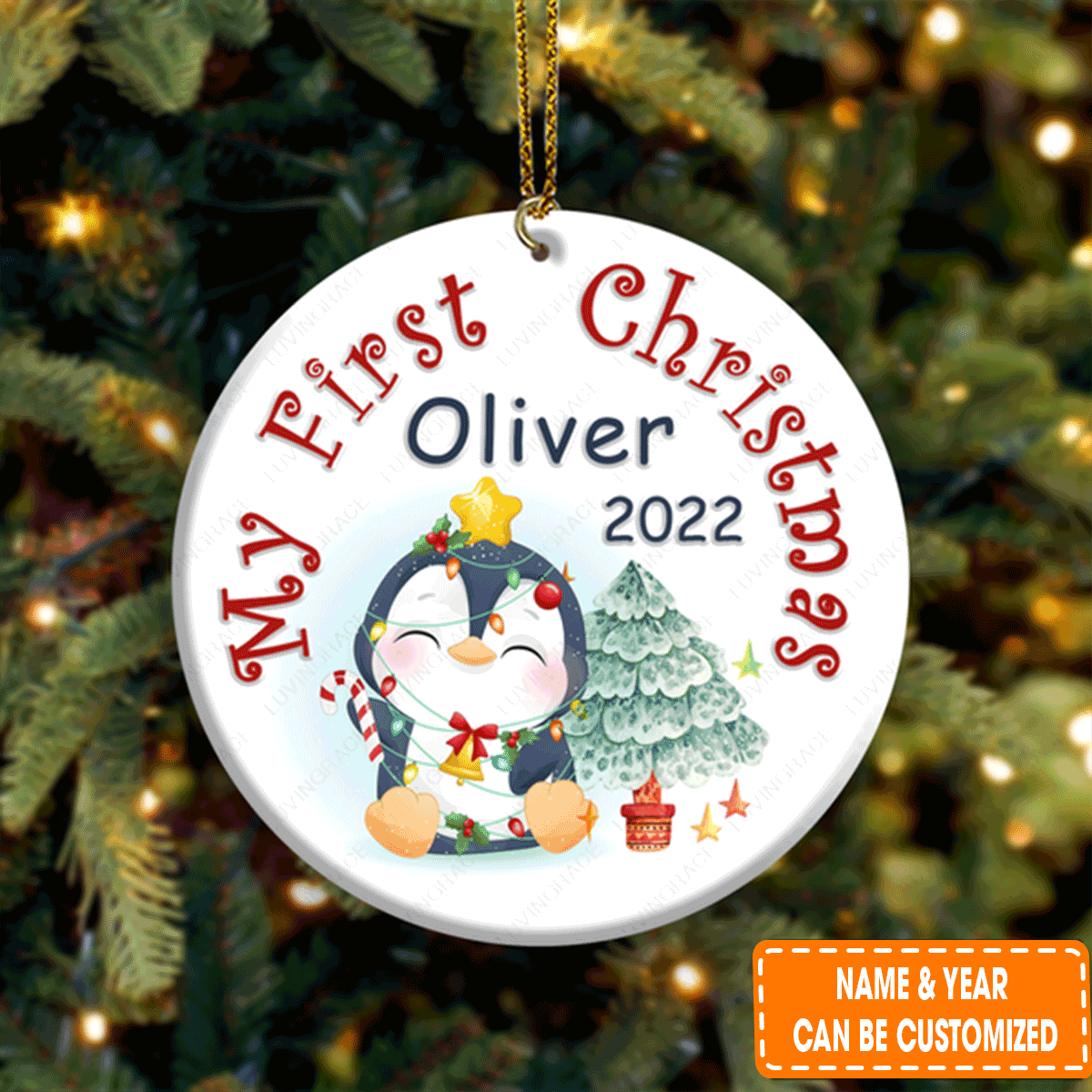 Personalized Baby Penguin First Christmas Circle Ceramic Ornament For 1st Christmas Daughter And Son