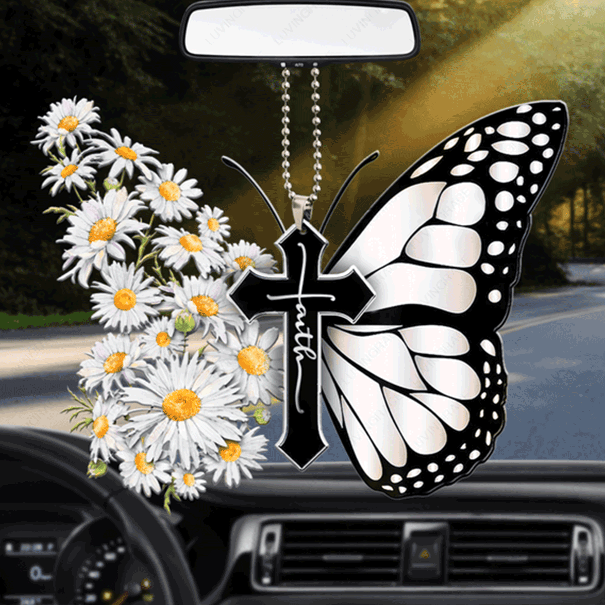 Daisy Butterfly Faith Cross Acrylic Car Ornament, Perfect Christmas Gift For Family, Friend
