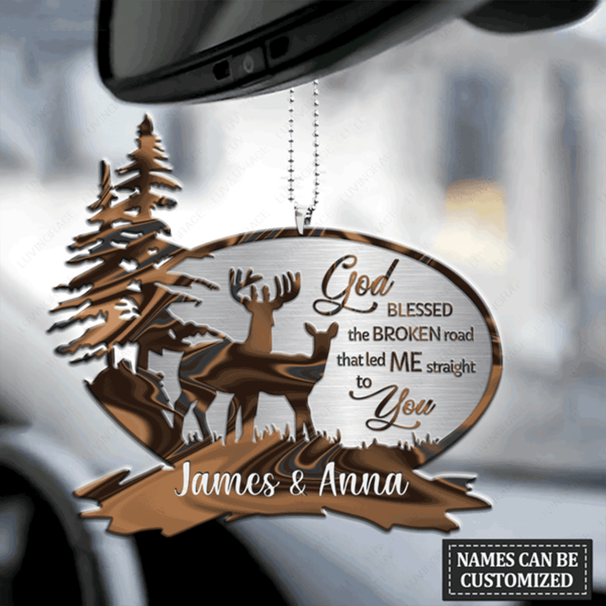 Customized Couple Name Outdoor Scene With Deers God Blessed The Broken Acrylic Car Ornament, Perfect Christmas Gift For Couple