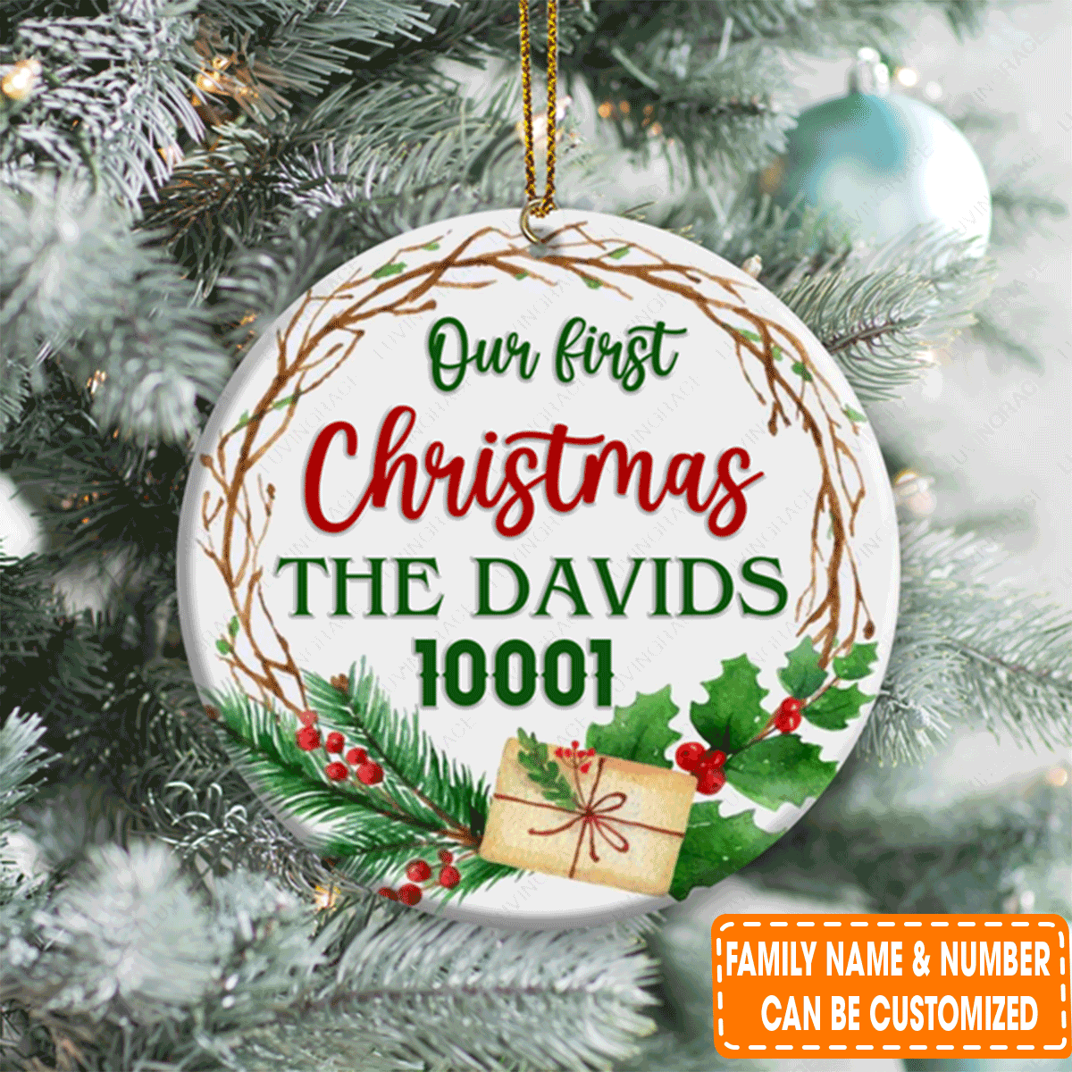 Personalized Vintage Christmas Floral Frame Our First Circle Ceramic Ornament For Family