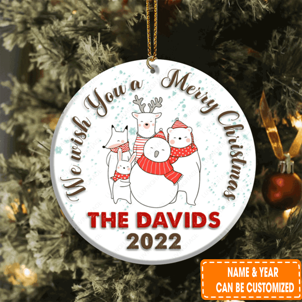 Personalized Christmas Bear Family We Wish You A Merry Christmas Circle Ceramic Ornament For Family