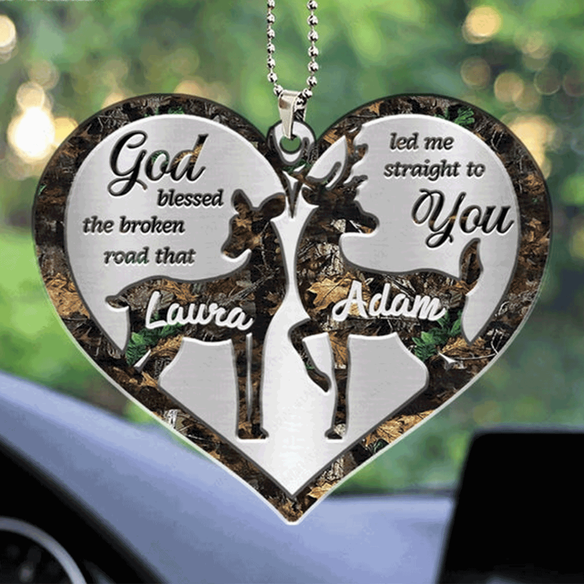 Customized Name Deer Couple God Blessed The Broken Acrylic Car Ornament, Perfect Christmas Gift For Family, Friends