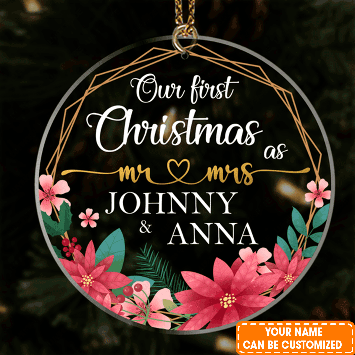 Personalized Poinsettia Golden Frame Our First Christmas Couple Acrylic Ornament, Perfect Couple Gift On 1st Christmas