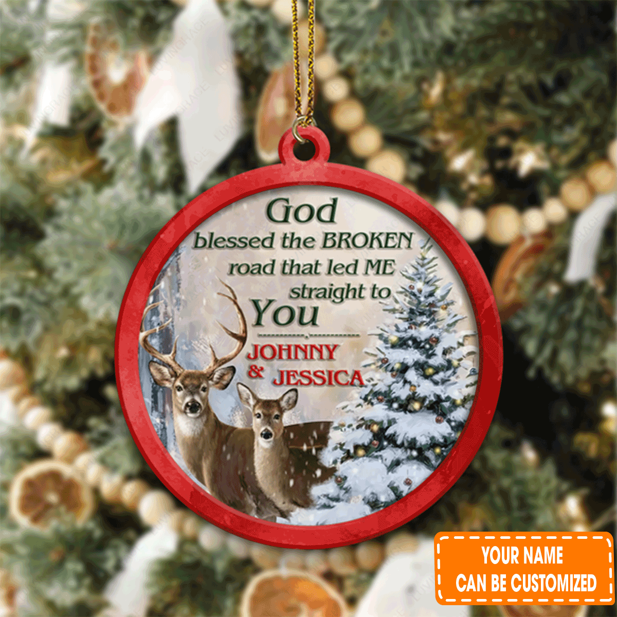 Personalized Snow Forest Deer Couple God Blessed Acrylic Ornament For Christian, Christmas Holiday Decor