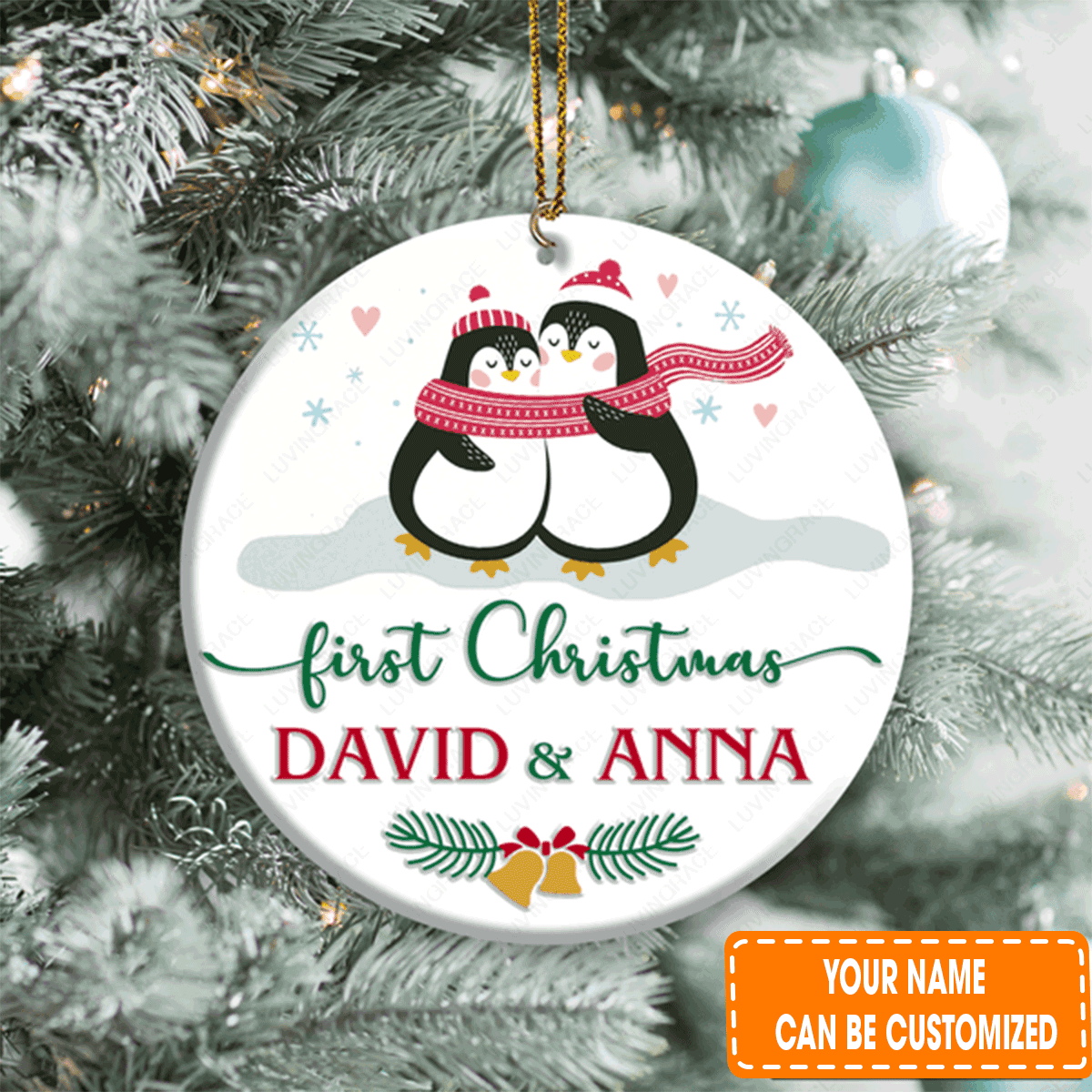 Personalized Loving Penguin Couple Our First Circle Ceramic Ornament For Couple