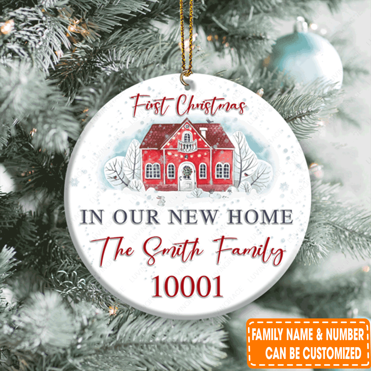 Personalized Vintage Red House First Christmas Circle Ceramic Ornament For Family