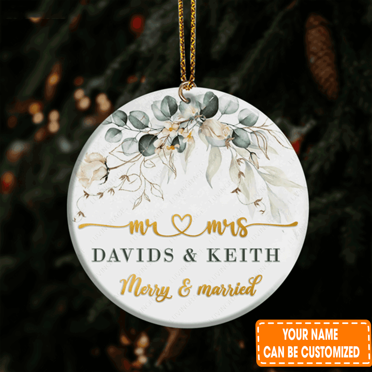 Personalized Christmas Vintage Golden Floral Frame Merry And Married Circle Ceramic Ornament For Couple