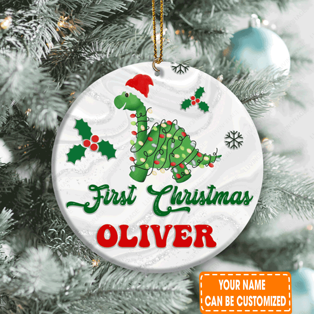 Personalized Little Dinosaur Christmas Light Baby First Circle Ceramic Ornament For 1st Christmas Son, Grandson