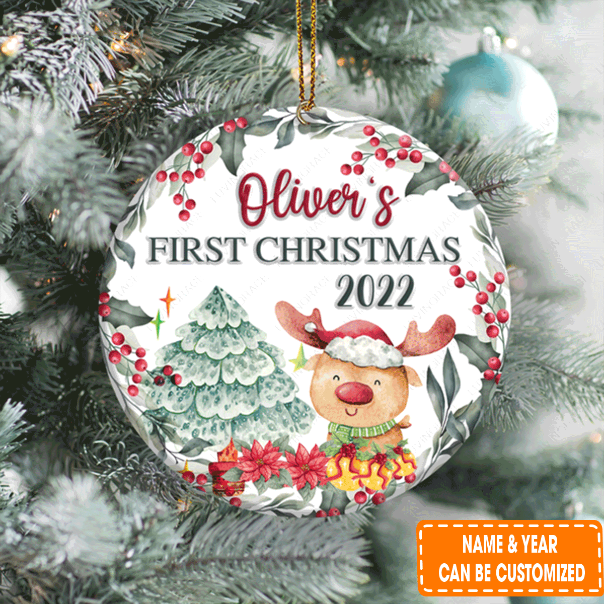 Personalized First Christmas Lovely Reindeer Pine Floral Circle Ceramic Ornament For 1st Christmas Family Decor