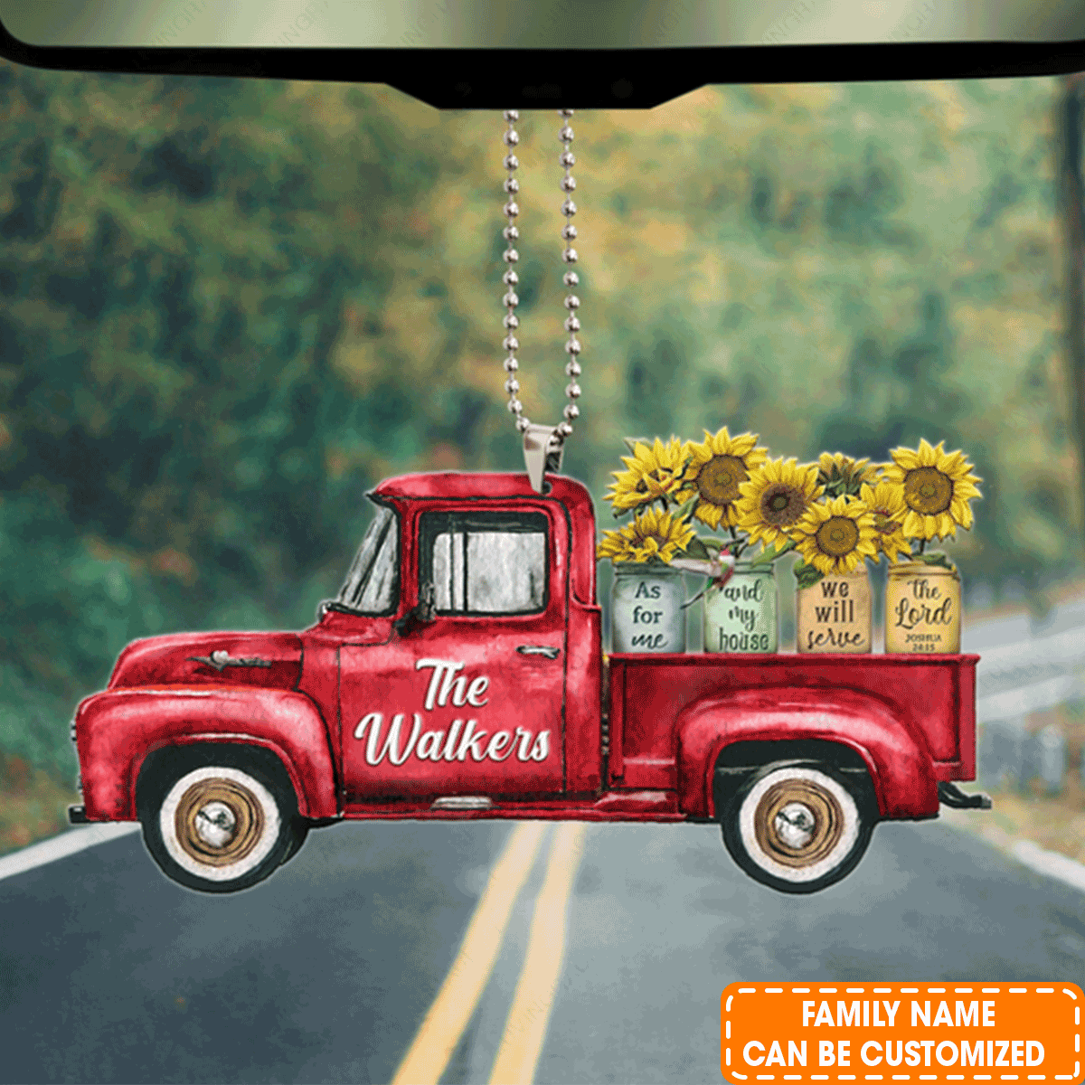 Personalized Red Truck Sunflower Jars Serve The Lord Acrylic Car Ornament, Perfect Christmas Gift For Family, Friend