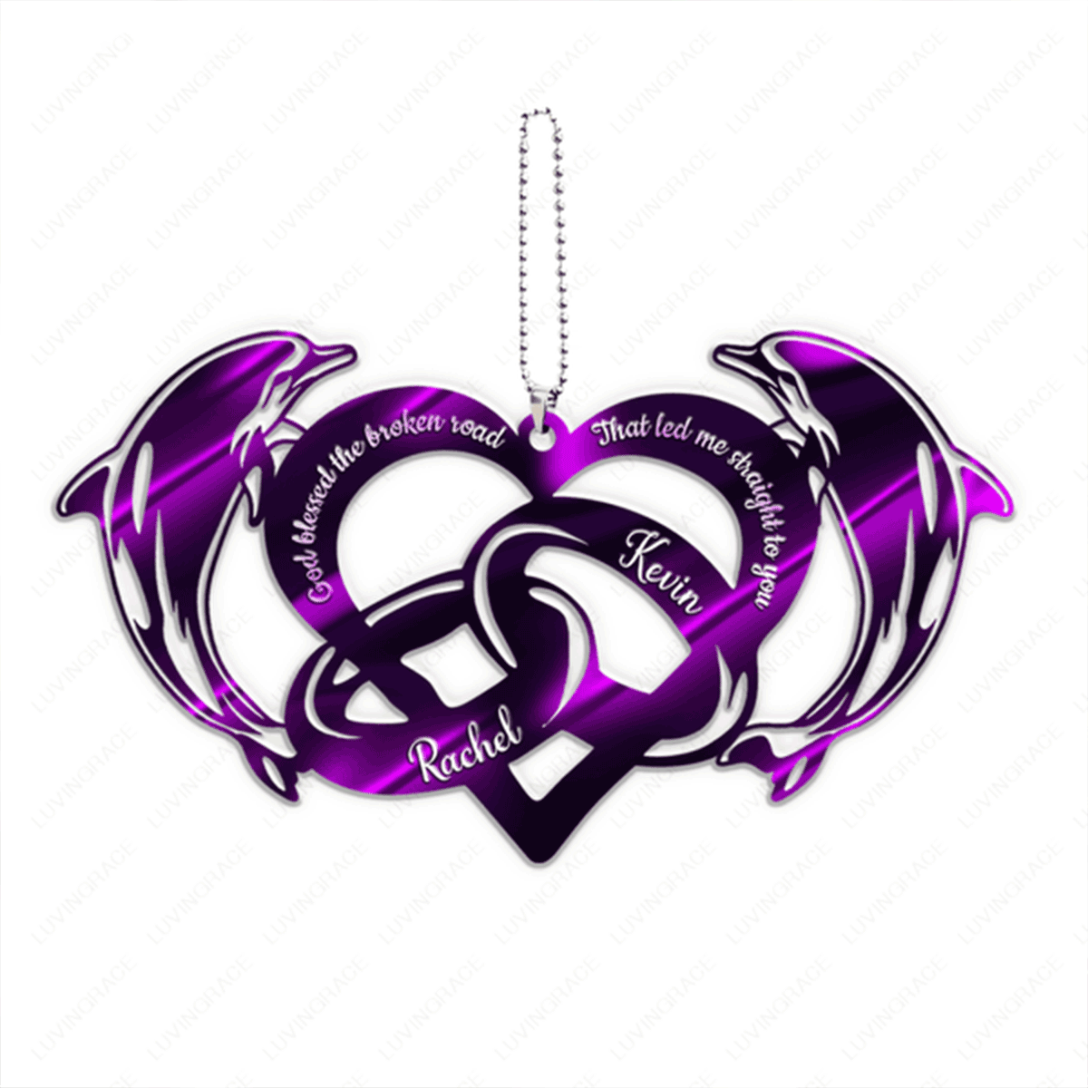 Customized Purple Dolphin And Couple Rings God Blessed Acrylic Car Ornament, Perfect Christmas Gift For Couple
