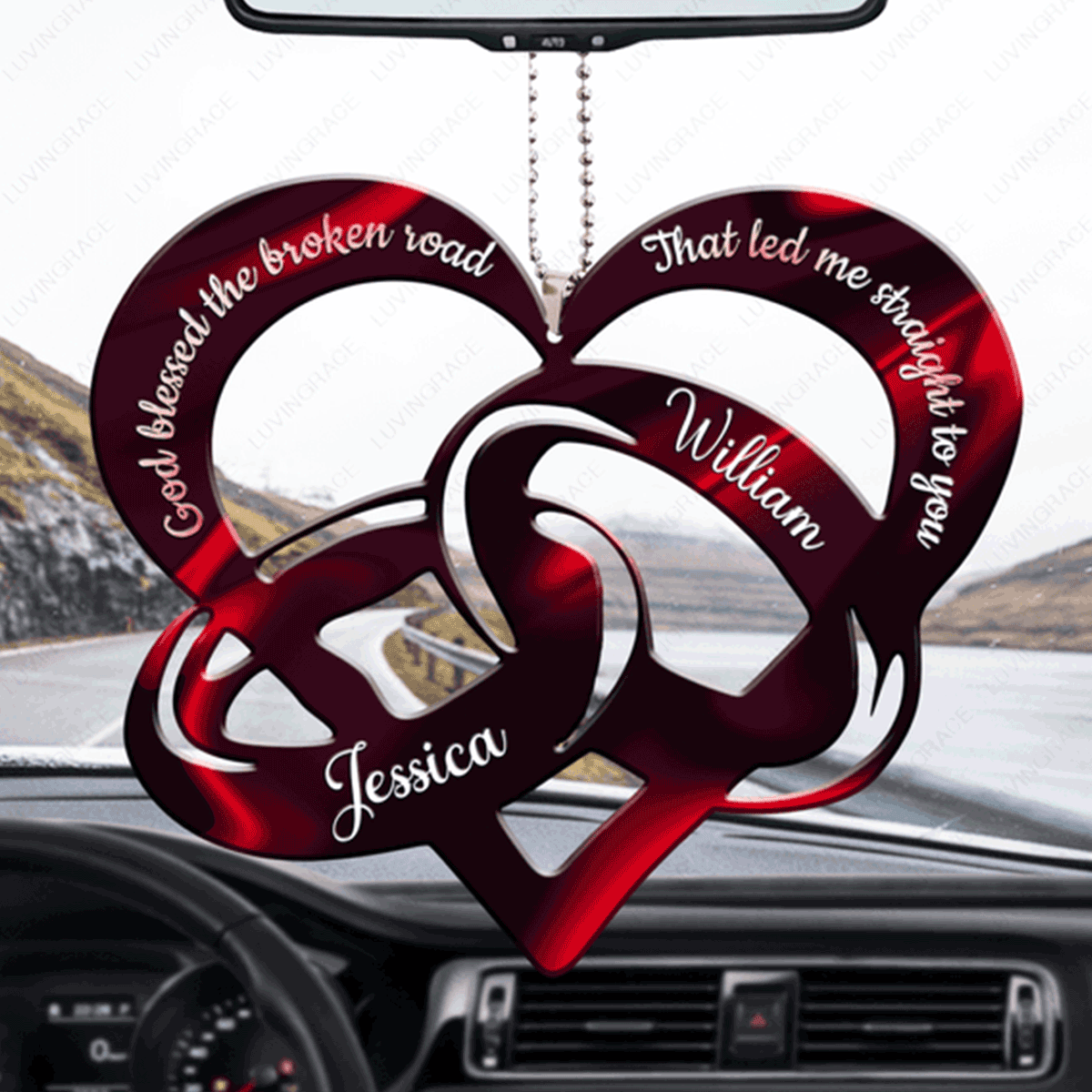 Custom Name Heart Couple Rings God Blessed Acrylic Car Ornament, Perfect Christmas Gift For Couple