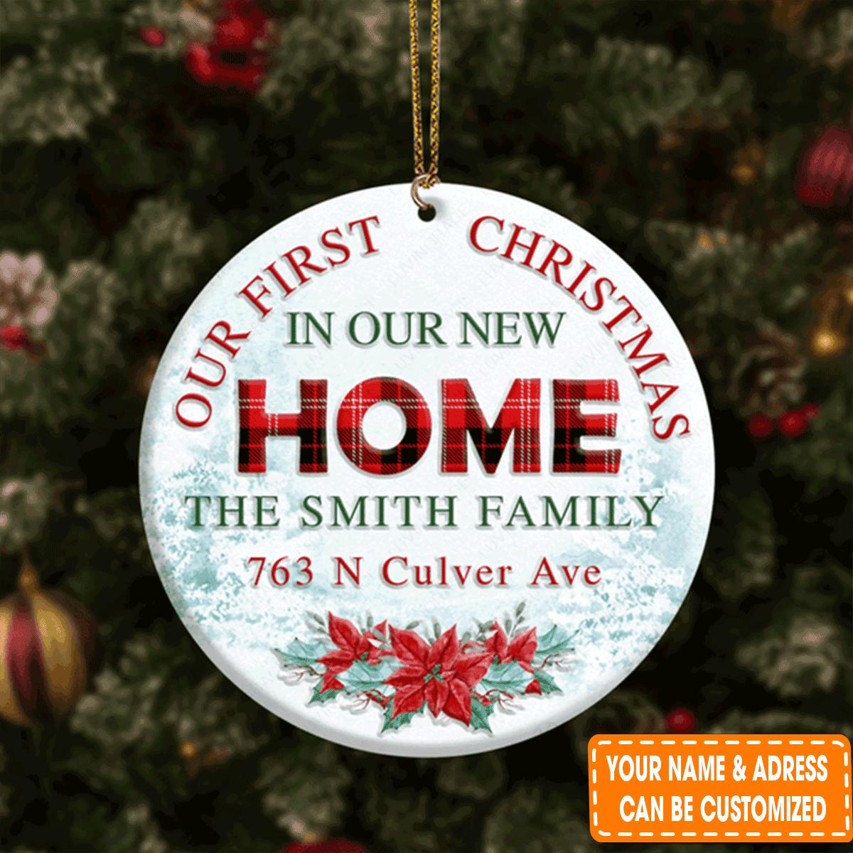 Personalized Poinsettia Snow Our First Christmas Circle Ceramic Ornament For 1st Christmas Family