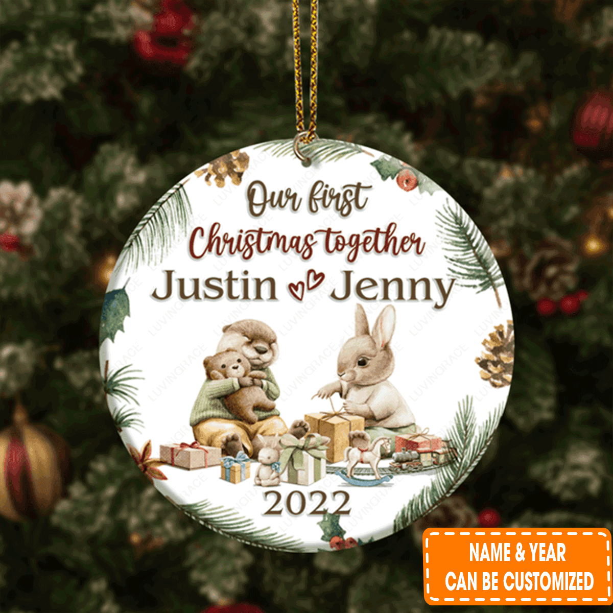 Personalized Bunny And Otter Couple Pine Floral Our First Christmas Circle Ceramic Ornament For 1st Christmas