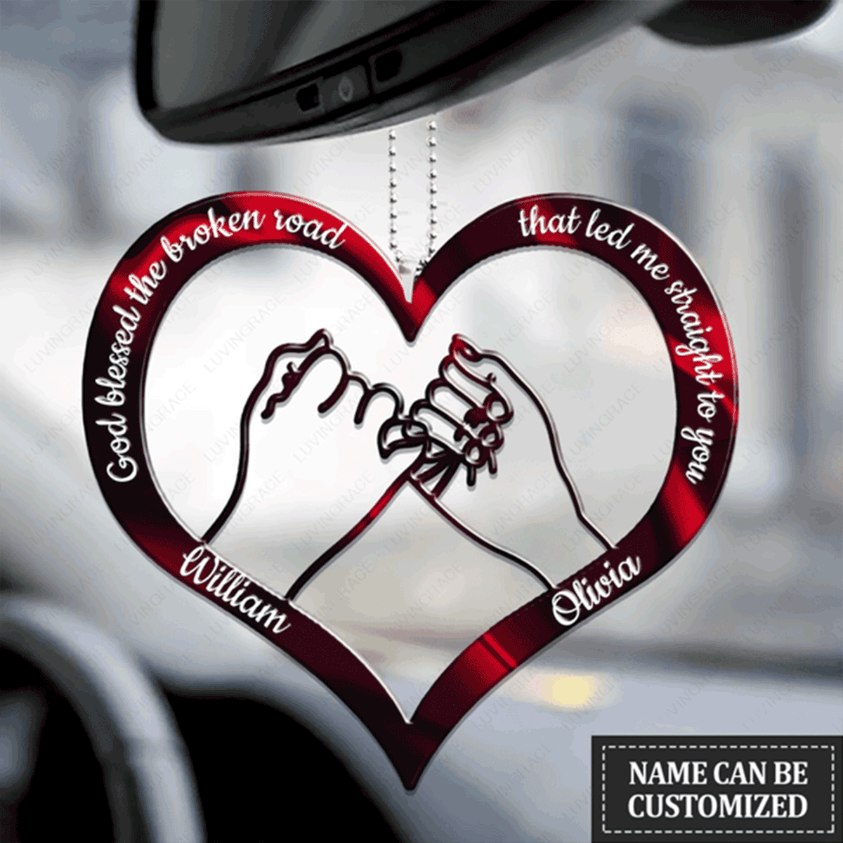 Personalized Couple Forever Love God Blessed Heart Hand Acrylic Car Ornament, Perfect Christmas Gift For Couple