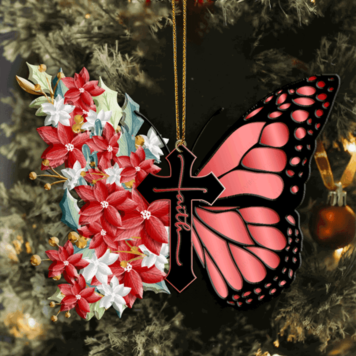 Christmas Floral Cross Faith Butterfly God Christian Lover Acrylic Ornament For Christian, God Faith Believers