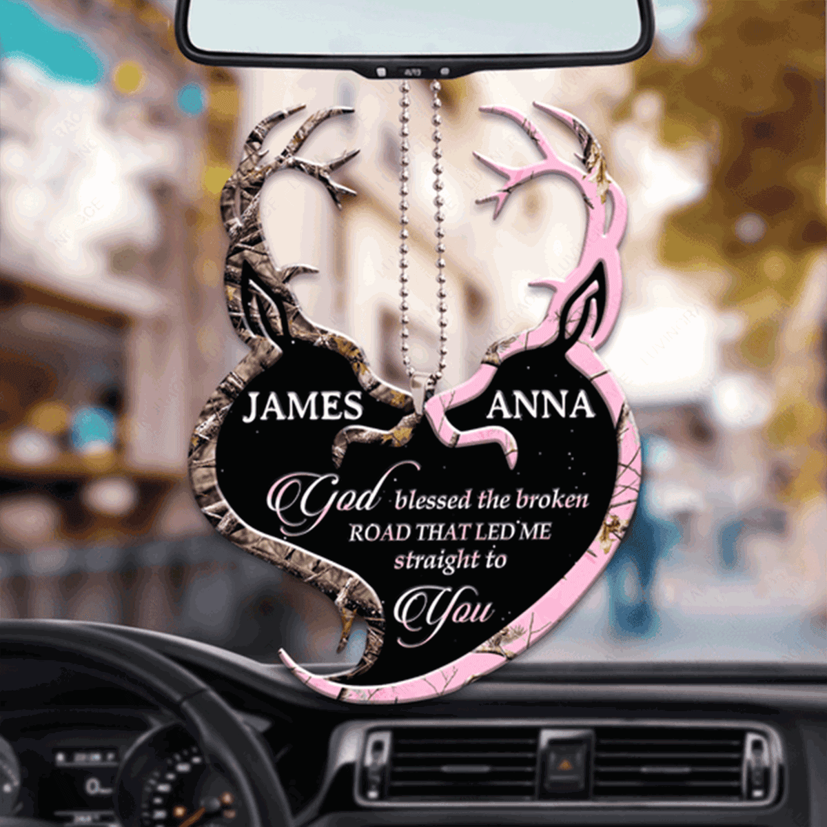 Personalized Couple Brown Buck And Pink Doe God Blessed Acrylic Car Ornament, Perfect Christmas Gift For Couple