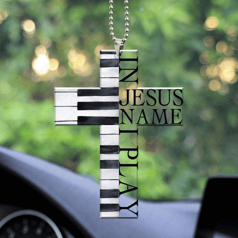 In Jesus Name Piano Cross Acrylic Car Ornament, Perfect Christmas Gift For Piano Lovers, Family, Friends