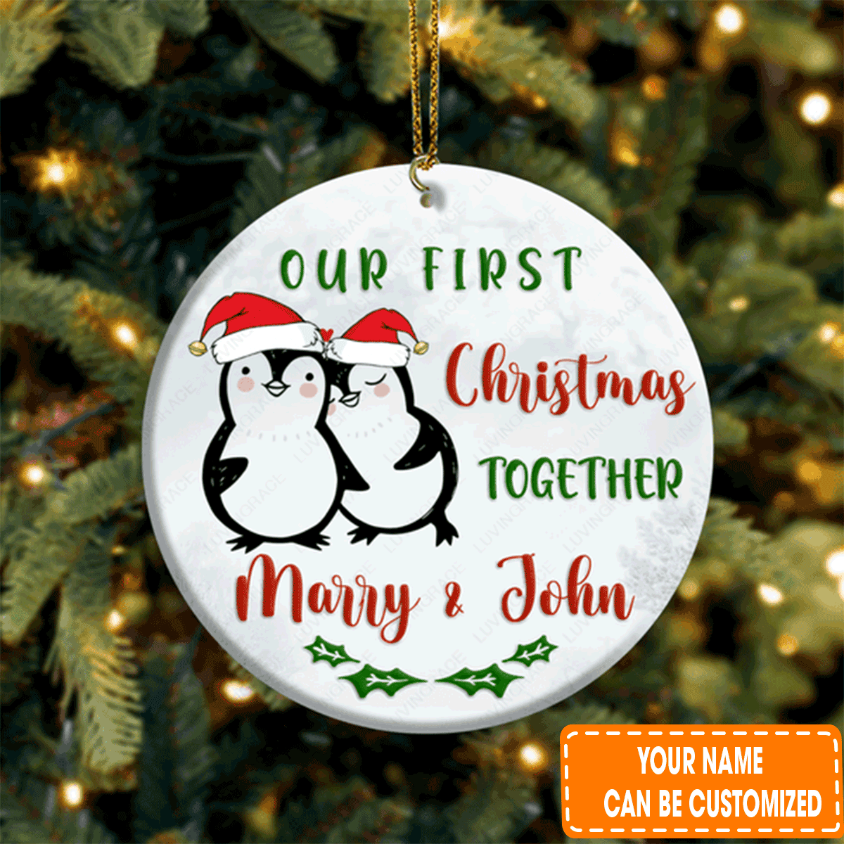 Personalized First Christmas Penguin Couple Circle Ceramic Ornament For Christian, Holiday Decor