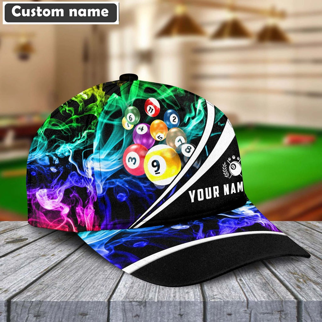 Billiard 9 Ball Multicolor Smoke Pattern Personalized Name Classic Cap Hat Gifts For Billiards Lovers