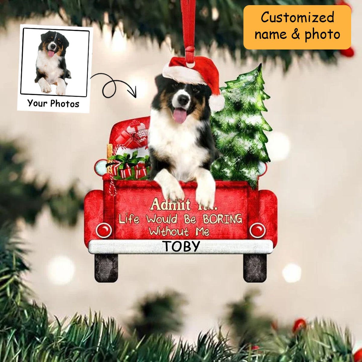 Customized Australian Shepherd Dog On The Red Truck Acrylic Christmas Ornament, Christmas Gift For Dog Lovers, Dog Owners
