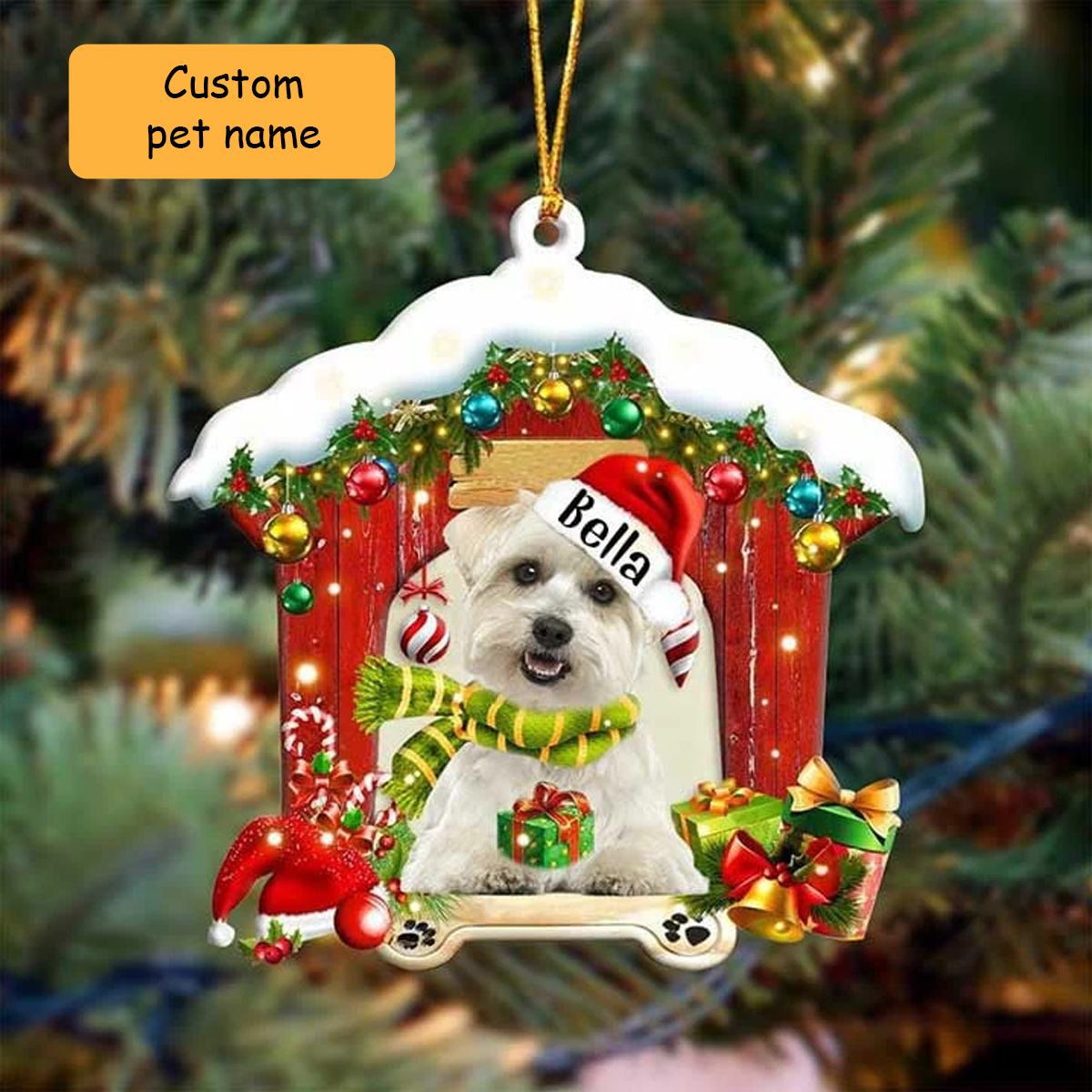 Customized Name Maltese In Red Wood House Acrylic Ornament Christmas Gift For Dog Lovers, Dog Mom