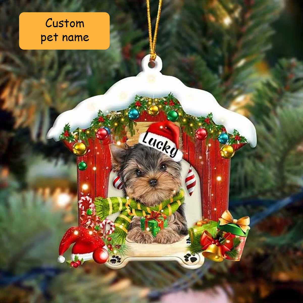 Customized Name Yorkshire Terrier In Red Wood House Acrylic Ornament Christmas Gift For Dog Lovers, Dog Mom