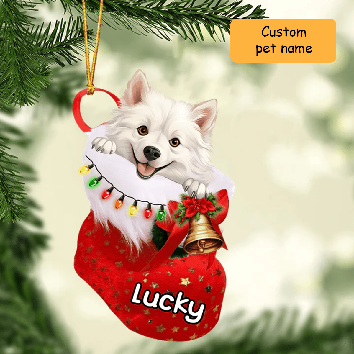 Custom Name American Eskimo Dog in Christmas Stocking Acrylic Ornament, Christmas Gifts Ornament for Dog Lover