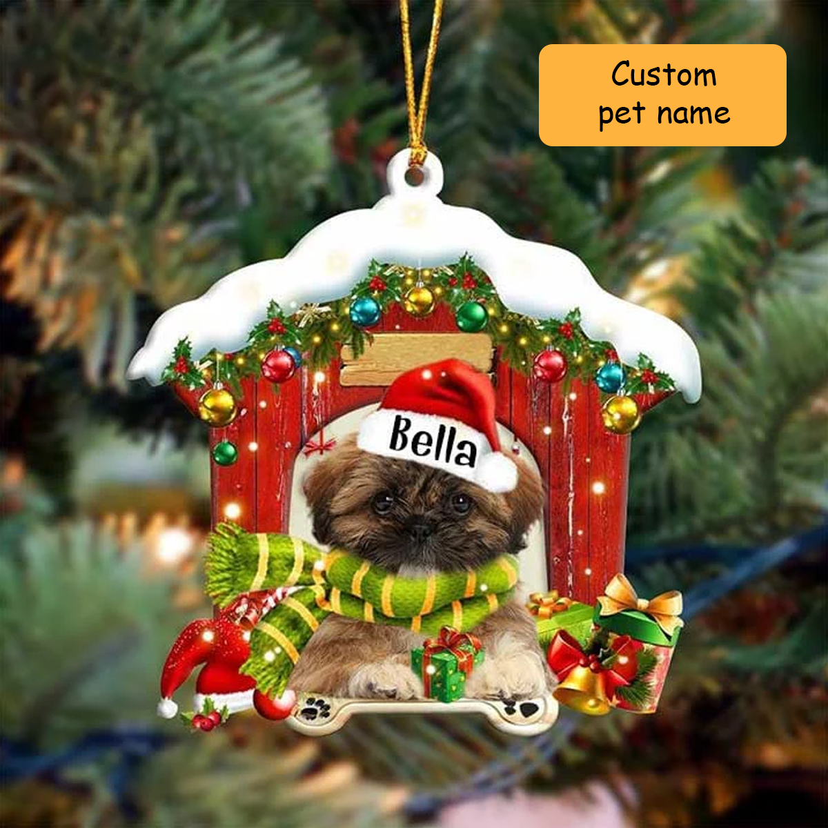 Customized Name Shih Tzu In Red Wood House Acrylic Ornament Christmas Gift For Dog Lovers, Dog Mom