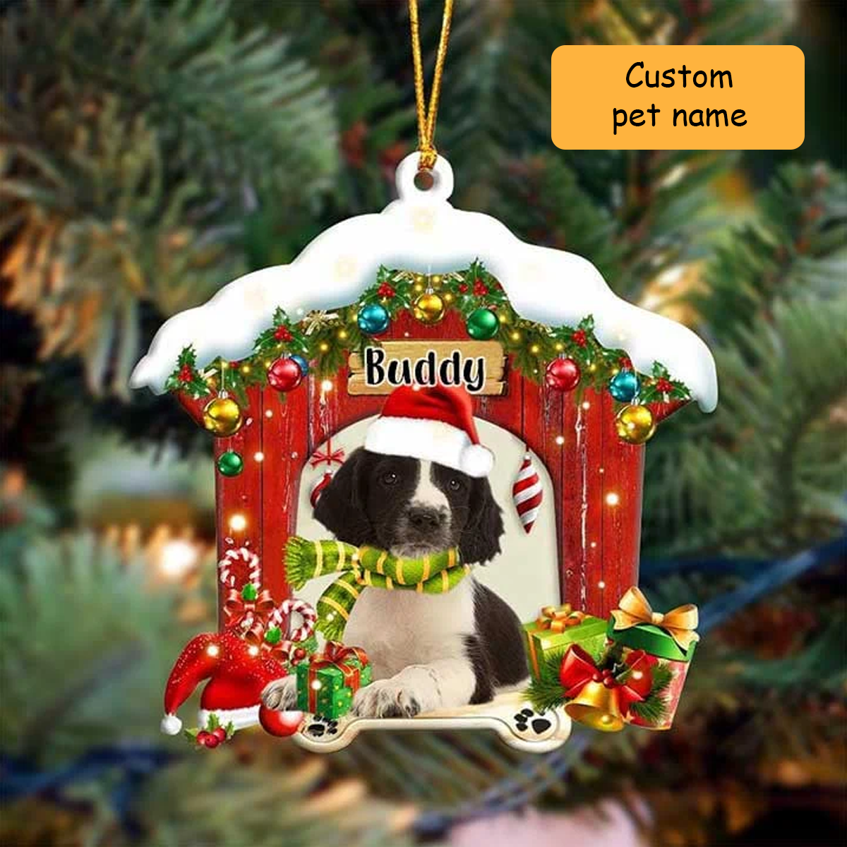 Customized Name English Springer Spaniel In Red Wood House Acrylic Ornament Christmas Gift For Dog Lovers, Dog Mom