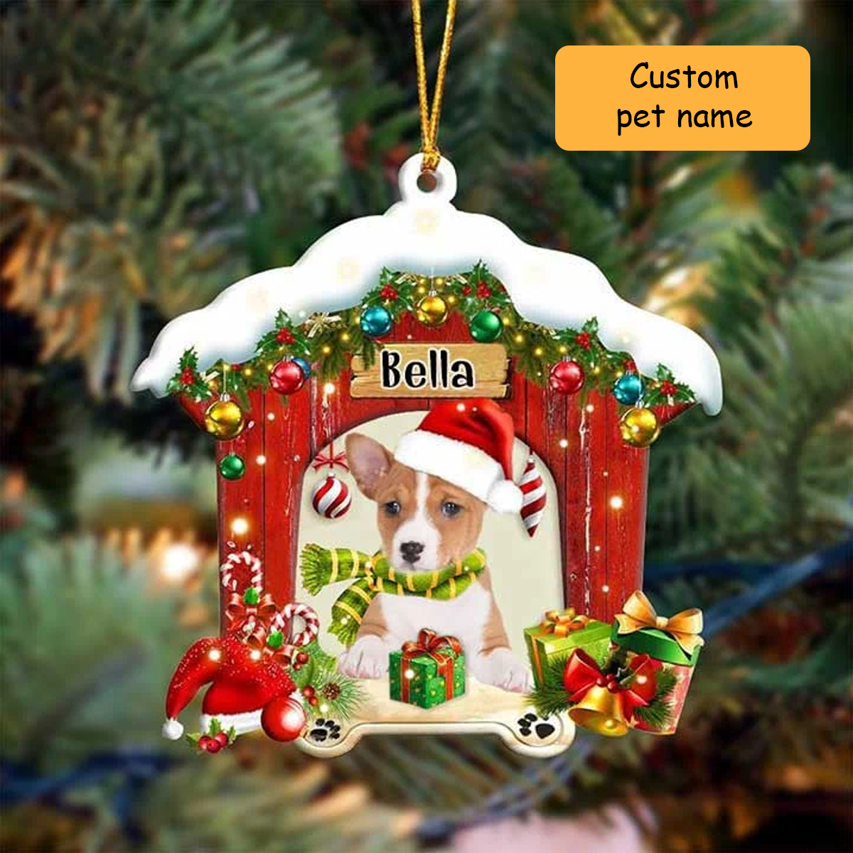 Customized Name Basenji In Red Wood House Acrylic Ornament Christmas Gift For Dog Lovers, Dog Mom