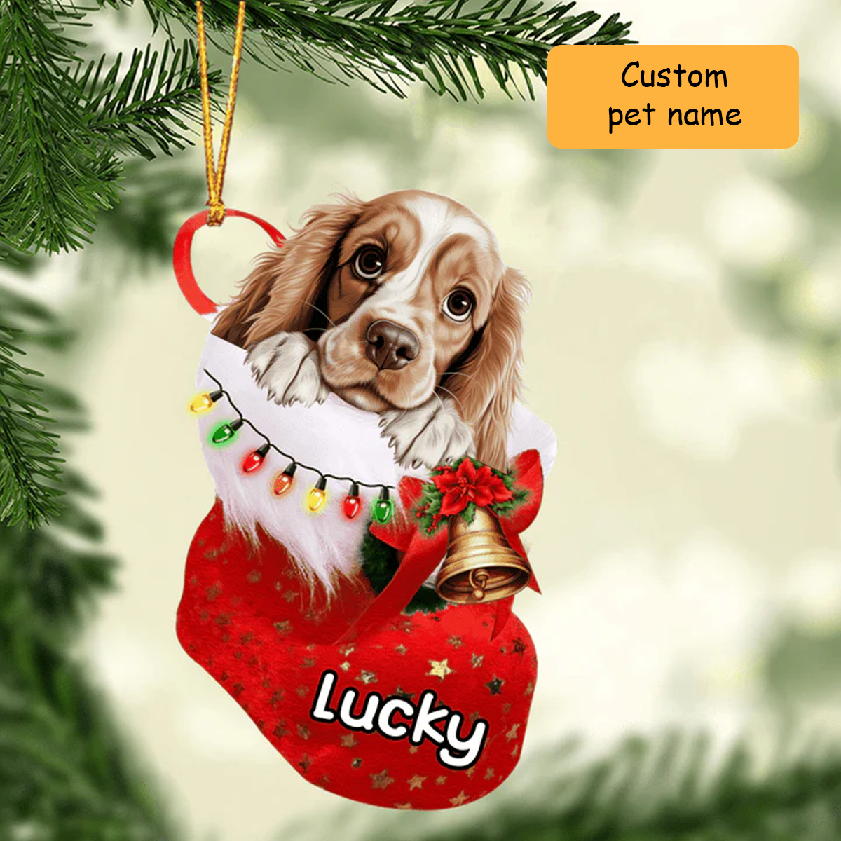 Custom Name American Cocker Spaniel Dog in Christmas Stocking Acrylic Ornament, Christmas Gifts Ornament for Dog Lover