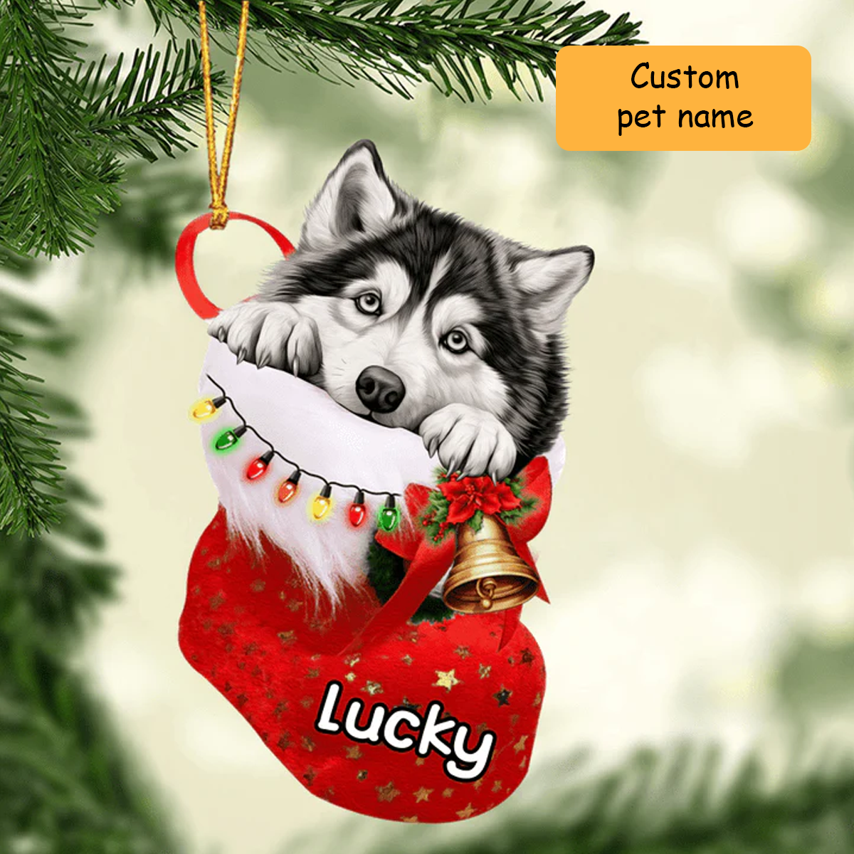 Custom Name Alaskan Malamute Dog in Christmas Stocking Acrylic Ornament, Christmas Gifts Ornament for Dog Lover