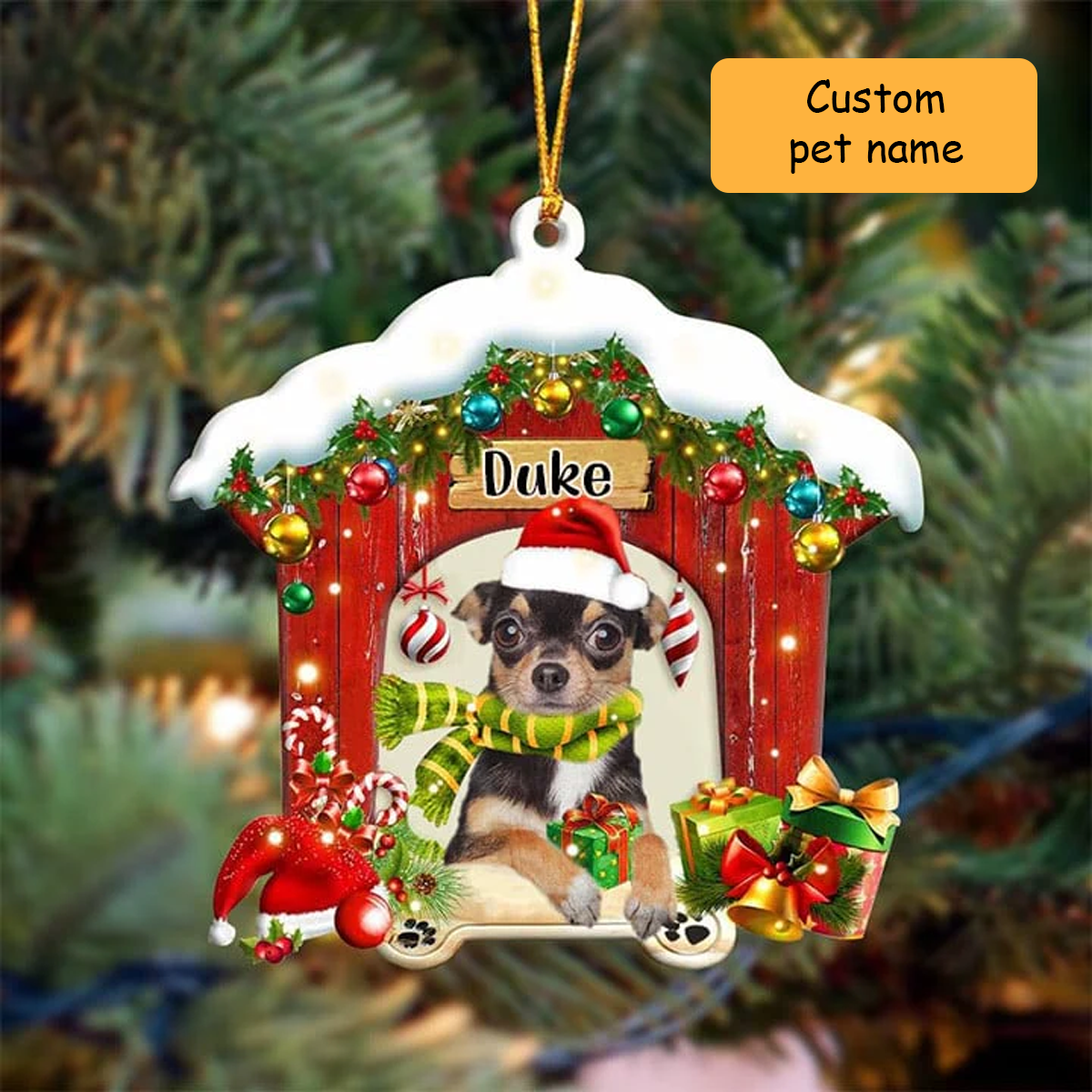 Customized Chihuahua In Red Wood House Acrylic Ornament Christmas Gift For Dog Lovers, Dog Mom