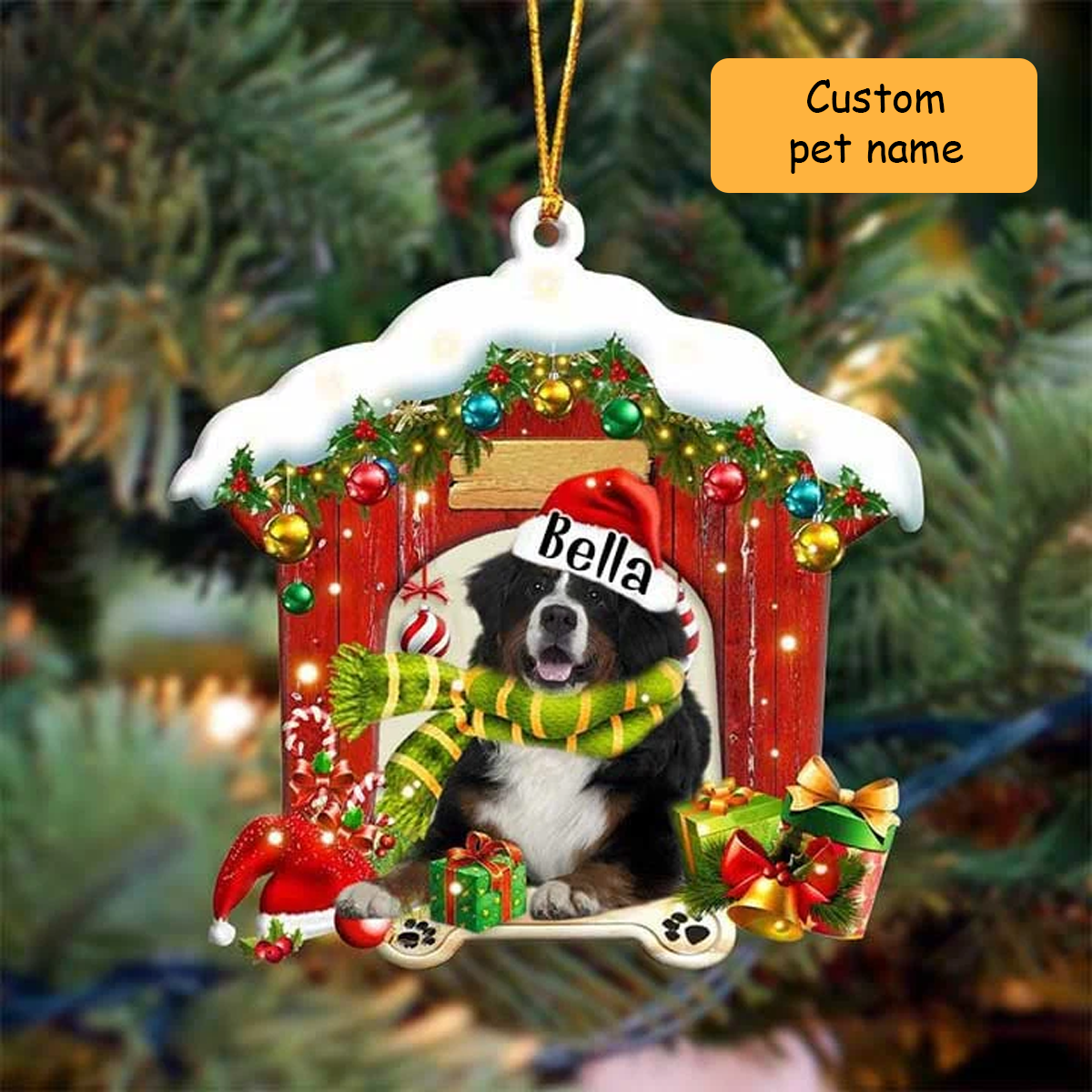 Customized Bernese Mountain In Red Wood House Acrylic Ornament Christmas Gift For Dog Lovers, Dog Mom