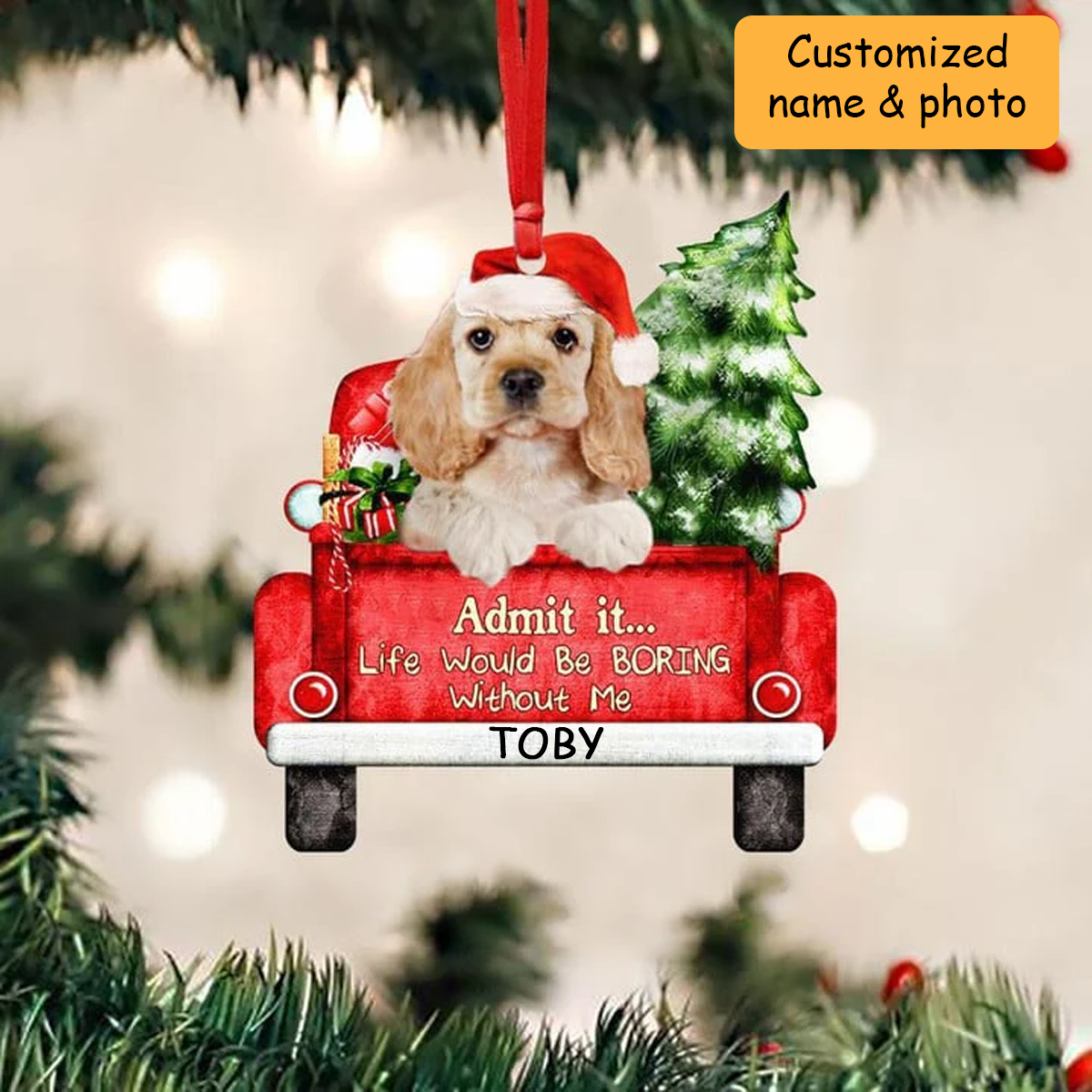 Customized Cocker Spaniel Dog On The Red Truck Acrylic Christmas Ornament, Christmas Gift For Dog Lovers, Dog Owners
