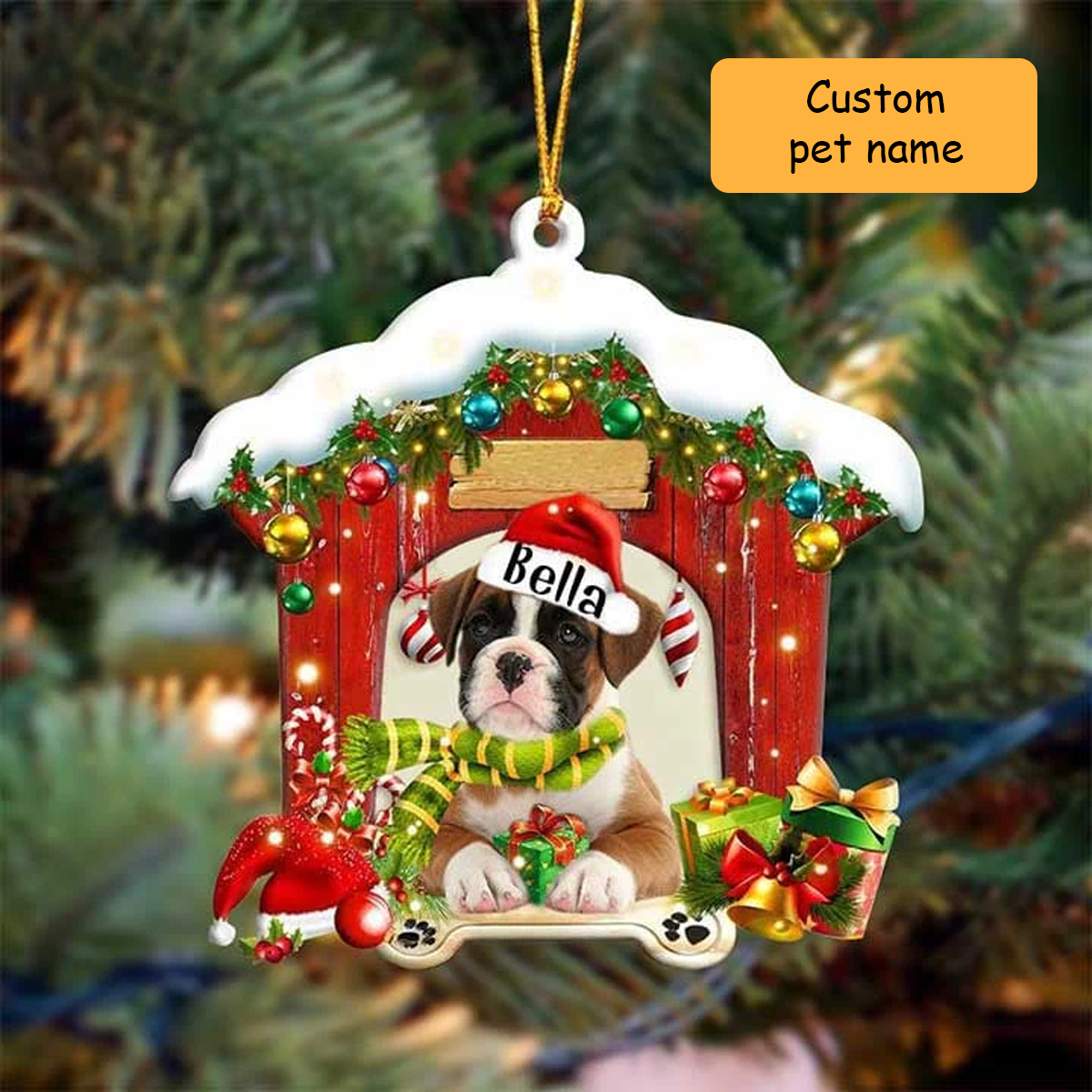 Customized Name Boxer In Red Wood House Acrylic Ornament Christmas Gift For Dog Lovers, Dog Mom
