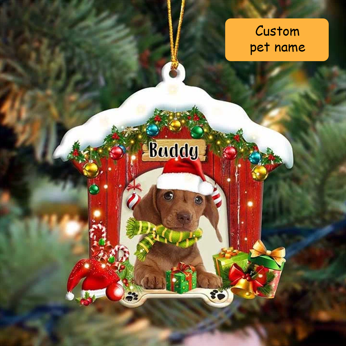 Customized Dachshund In Red Wood House Acrylic Ornament Christmas Gift For Dog Lovers, Dog Mom