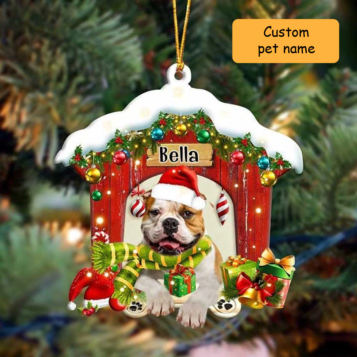 Custom Name Bulldog In Red Wood House Acrylic Ornament Christmas Gift For Dog Lovers, Dog Mom
