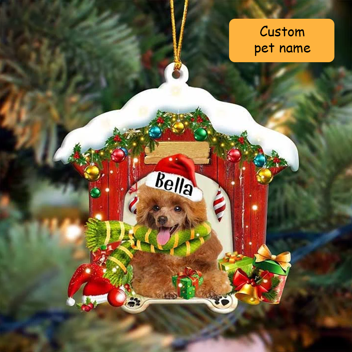 Custom Name Toy Poodle In Red Wood House Acrylic Ornament Christmas Gift For Dog Lovers, Dog Mom