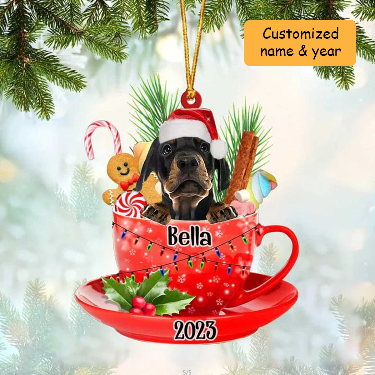 Customized Cute Dapple Dachshund Dog Santa Hat In Red Cup Acrylic Ornament, Christmas Gifts Ornament for Dog Lover