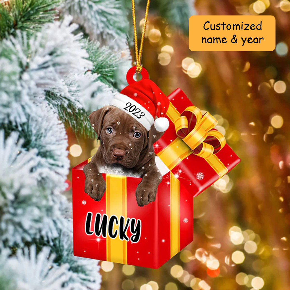 Customized Baby Pitbull Dog Santa Hat In Red Cup Acrylic Ornament, Christmas Gifts Ornament for Dog Lover