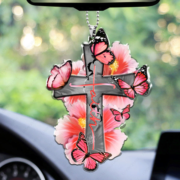 Hibicus Cross Faith Butterfly Acrylic Car Ornament, Perfect Christmas Gift For Family, Friends