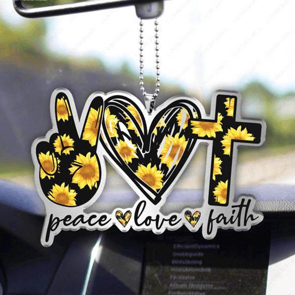 Sunflower Peace Love Faith Acrylic Car Ornament, Perfect Christmas Gift For Family, Friends
