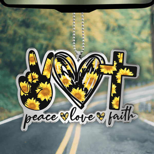 Sunflower Peace Love Faith Acrylic Car Ornament, Perfect Christmas Gift For Family, Friends