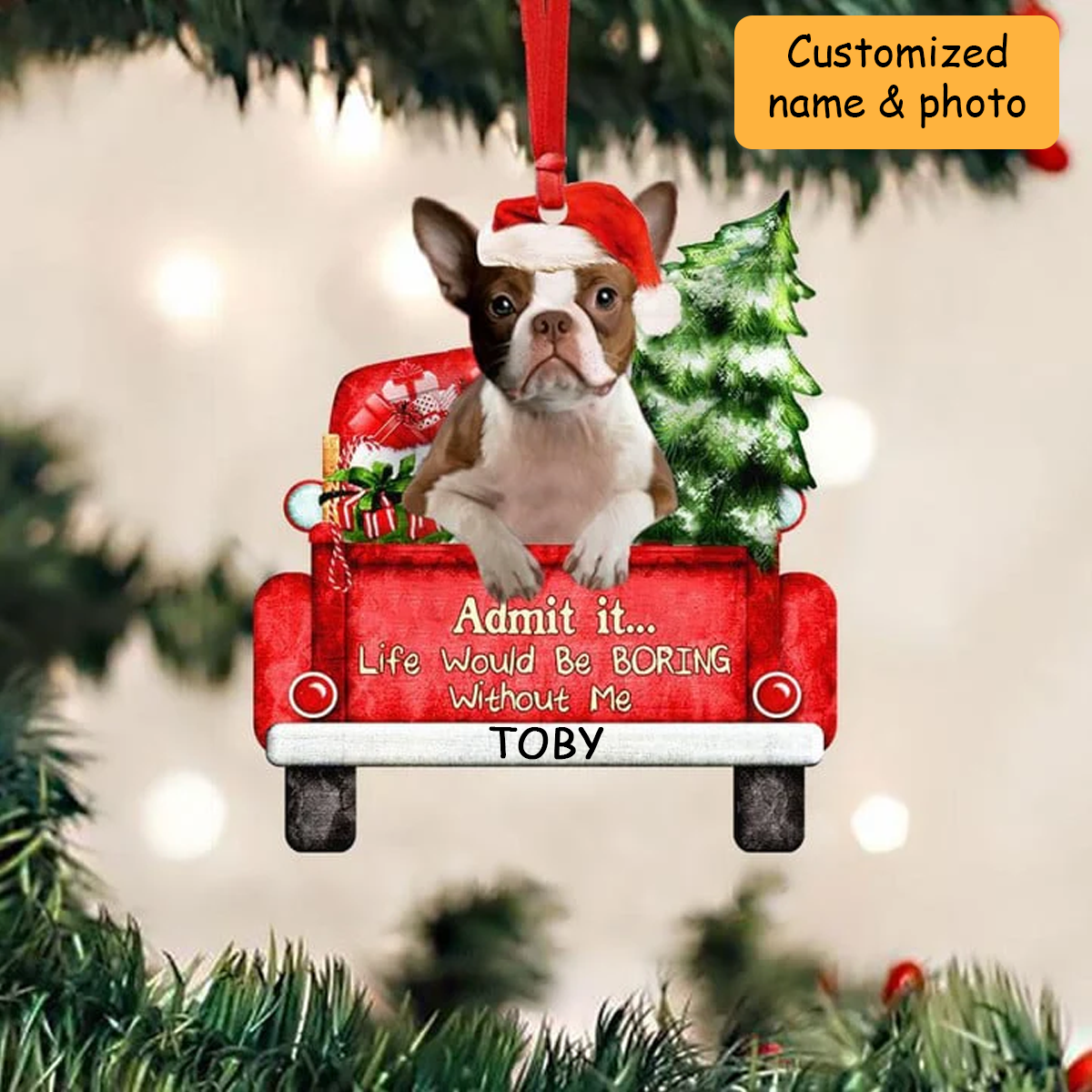 Customized Boston Terrier Dog On The Red Truck Acrylic Christmas Ornament, Christmas Gift For Dog Lovers, Dog Owners