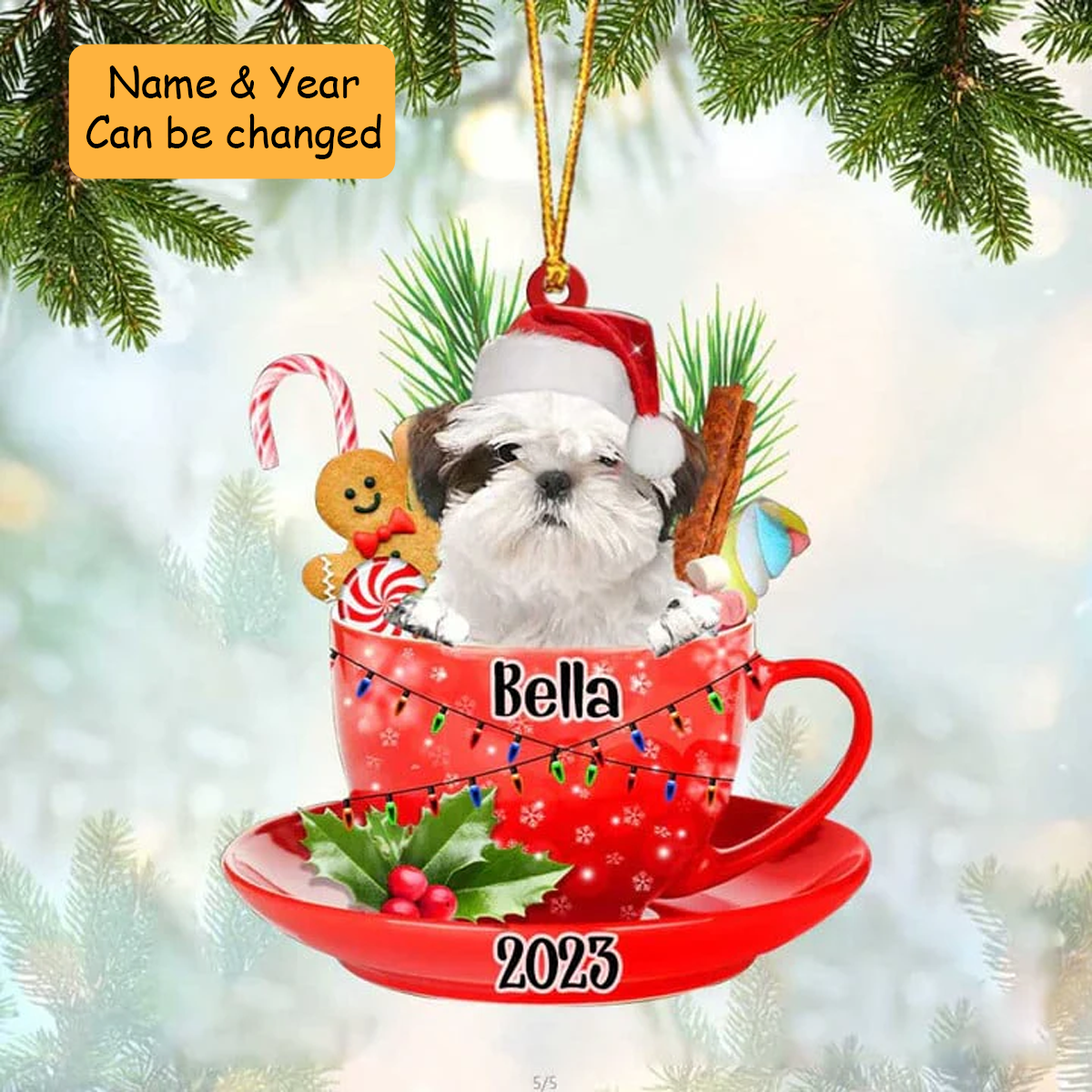 Customized Cute White Shih Tzu Dog Santa Hat In Red Cup Acrylic Ornament, Christmas Gifts Ornament for Dog Lover