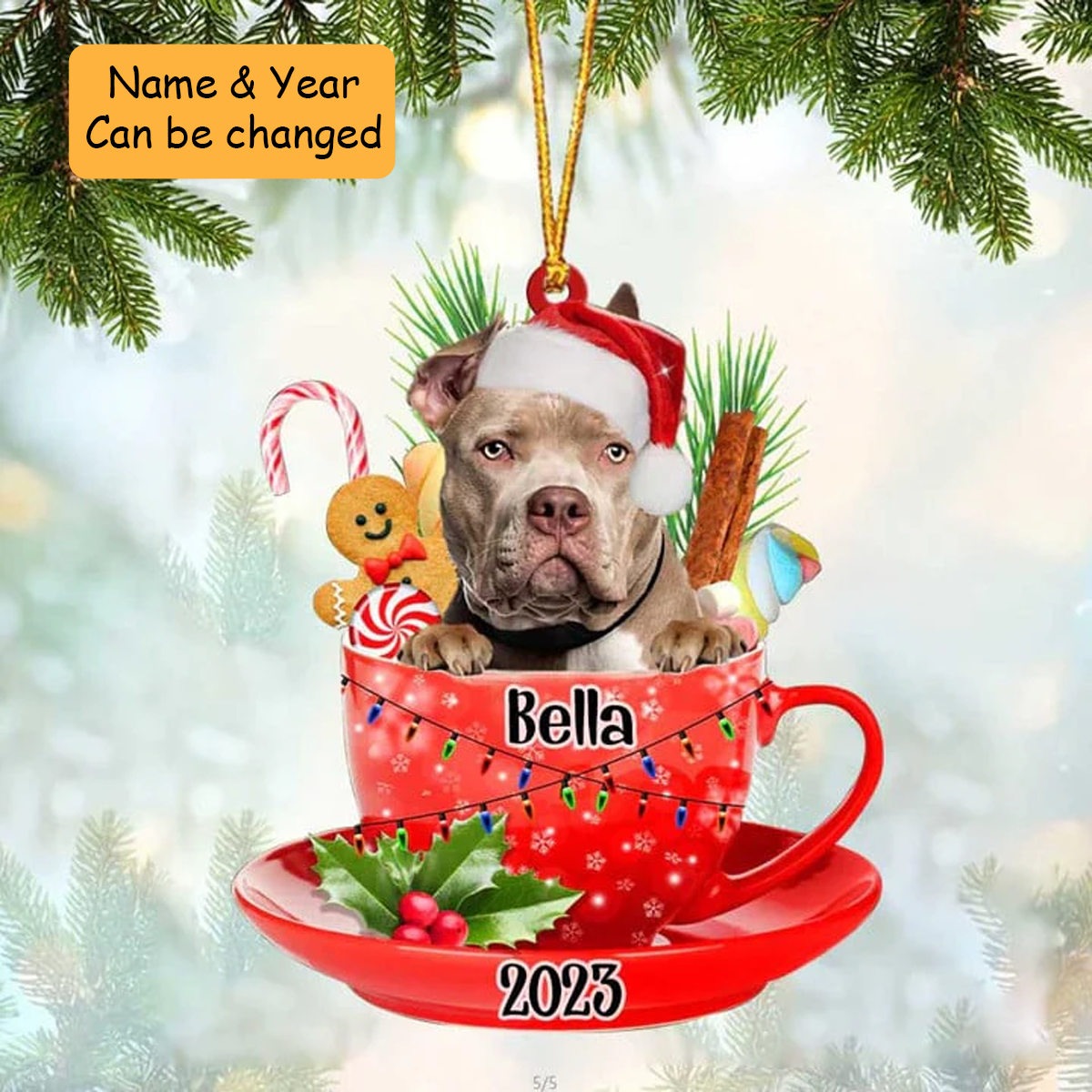 Customized Cute American Bully Dog Santa Hat In Red Cup Acrylic Ornament, Christmas Gifts Ornament for Dog Lover