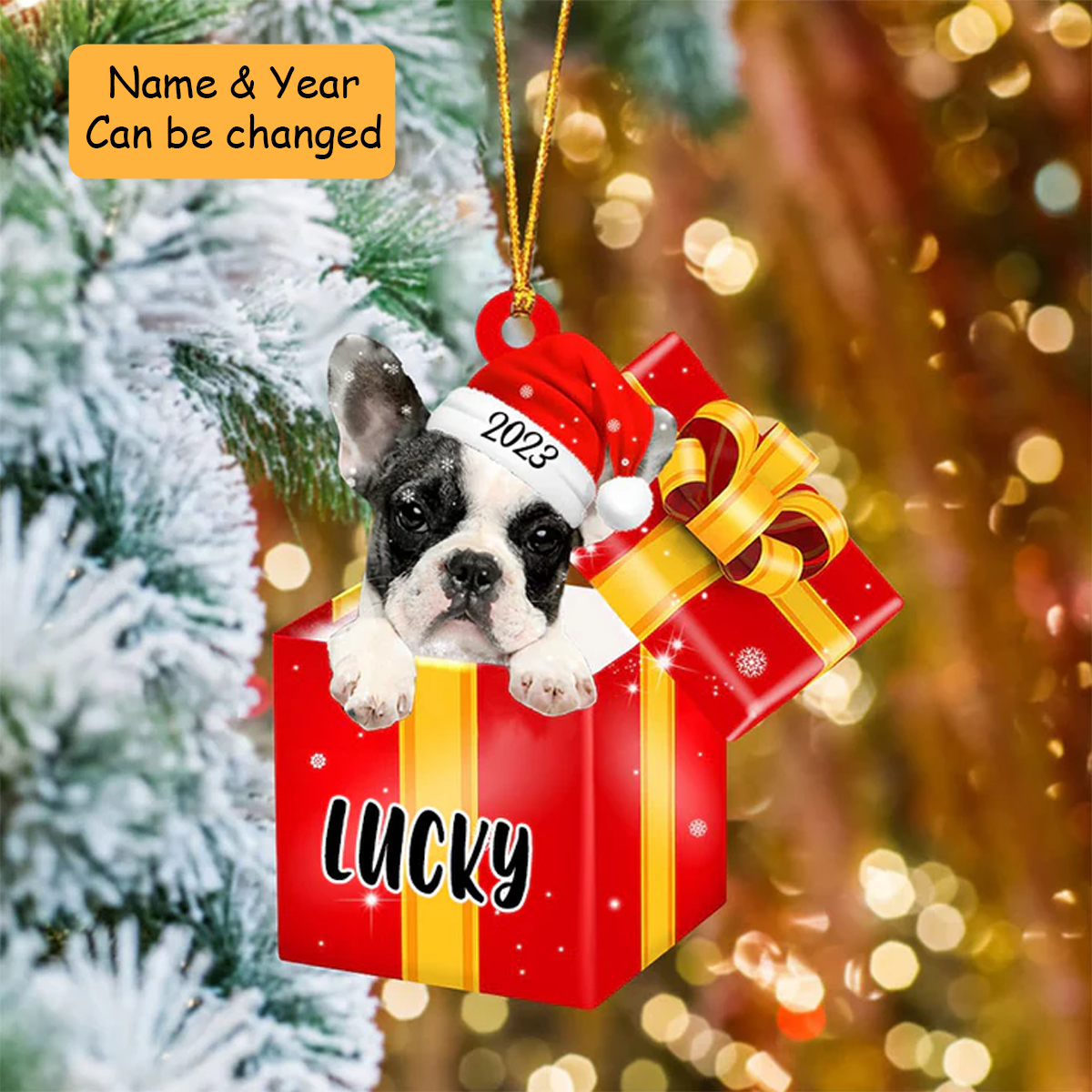 Customized French Bull In Red Gift Box Acrylic Ornament Christmas Gift Ornament For Dog Lovers, Pet Lovers