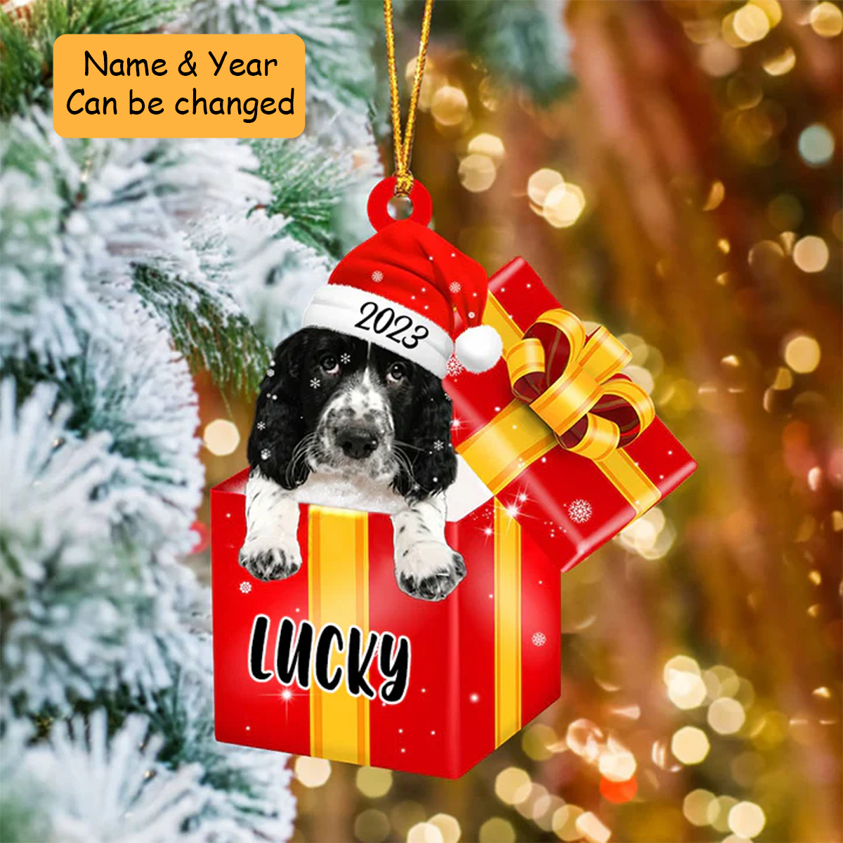 Customized English Springer Spaniel In Red Gift Box Acrylic Ornament, Christmas Gift Ornament For Dog Lovers, Pet Lovers
